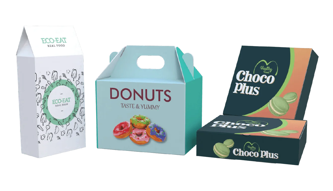 three product packages: Eco-Eat food box, Donuts box, and Choco Plus box