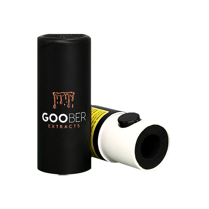 A black and white tube with a white lid, positioned upright against a plain background.