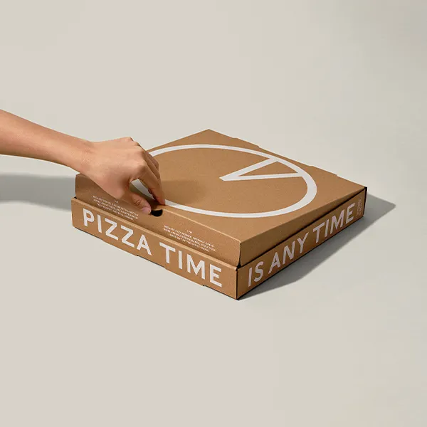 A hand reaching toward a pizza box labeled "Pizza Time," suggesting an eagerness to enjoy the meal inside.