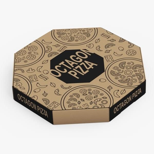 Octagonal pizza box featuring a stylish black and white design, suitable for takeout or delivery.