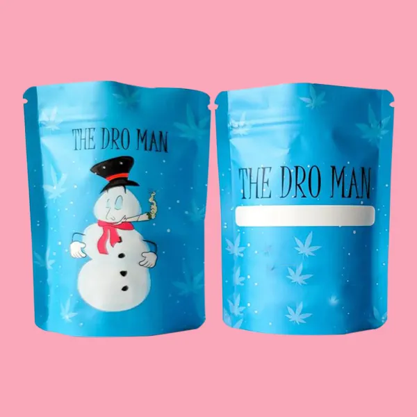 Two bags made of blue and white paper featuring a cheerful snowman design.